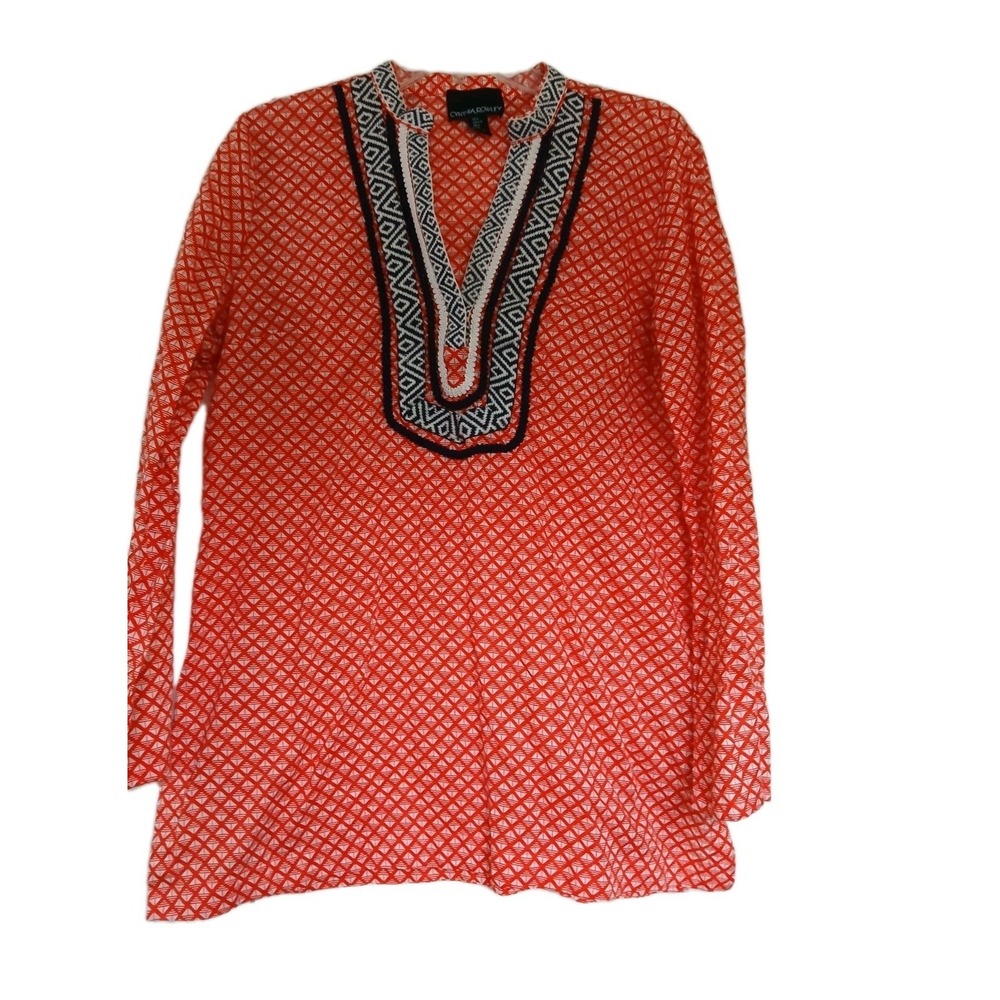 Cynthia Rowley Embellished Cotton Longline Tunic Blouse Shirt Size LARGE